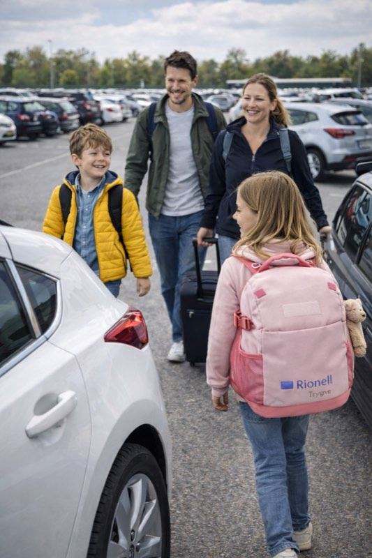 Familj vid hyrbil med Tryggve