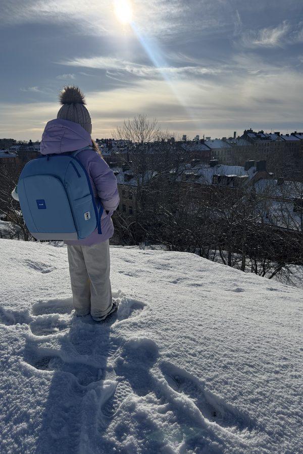 Barn med Rionell Tryggve p&aring; kulle med Stockholms skyline
